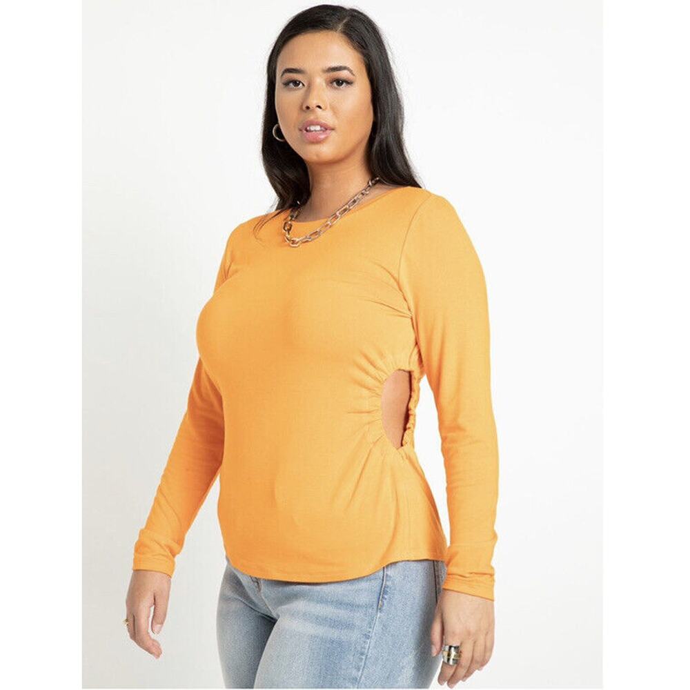 New Eloquii Womans SZ 18/20 Blouse Long Sleeve Top Ruched‎ Cutouts Orange NWT